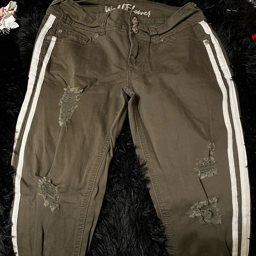 Army green wallflower jeans striped legs ripped